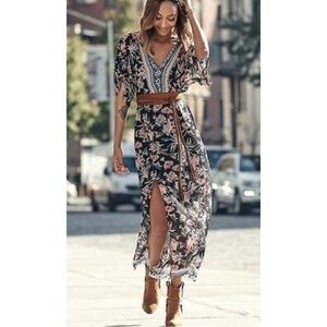 NEW EXPRESS Boho V-Neck Floral Kimono Style Maxi Dress w/ Slit Black Pink White